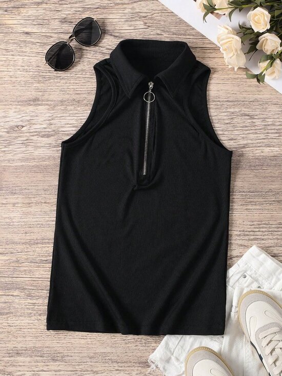 Black Casual Women's Zipper Half Placket Turn-Down Collar Tank Top - Picture 4 of 8